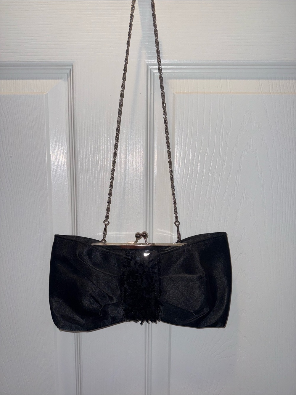 Black Satin Evening Clutch with Chain Strap